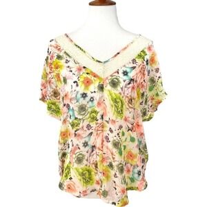 🍀ASTR the Label Multicolor Floral Lace V-Neck Semi Sheer Blouse Size Large